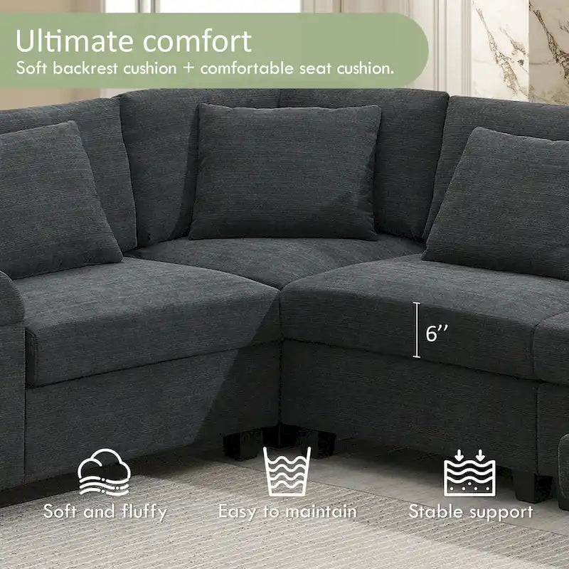 128 Chenille U-Shaped Sectional Sofa with Ottoman, 6-Seater Couch Set and Hidden Storage, USB Charging & Cup Holders