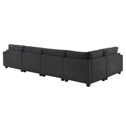 128 Chenille U-Shaped Sectional Sofa with Ottoman, 6-Seater Couch Set and Hidden Storage, USB Charging & Cup Holders
