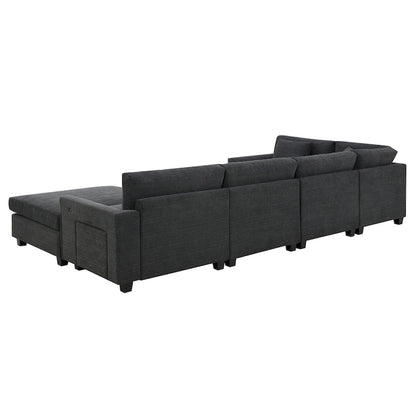 128 Chenille U-Shaped Sectional Sofa with Ottoman, 6-Seater Couch Set and Hidden Storage, USB Charging & Cup Holders