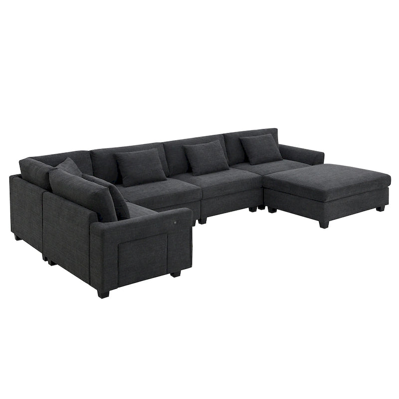 128 Chenille U-Shaped Sectional Sofa with Ottoman, 6-Seater Couch Set and Hidden Storage, USB Charging & Cup Holders