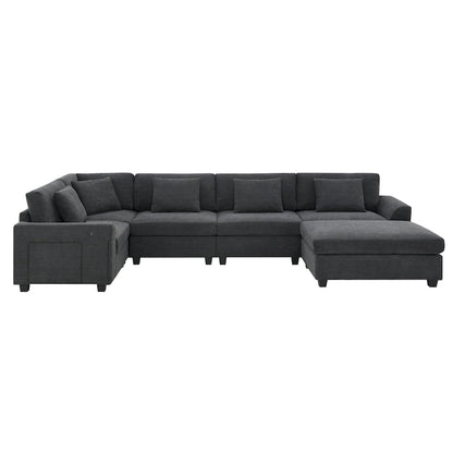 128 Chenille U-Shaped Sectional Sofa with Ottoman, 6-Seater Couch Set and Hidden Storage, USB Charging & Cup Holders