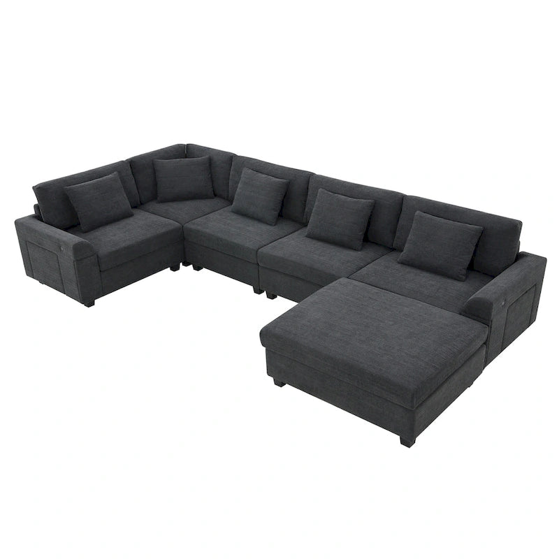 128 Chenille U-Shaped Sectional Sofa with Ottoman, 6-Seater Couch Set and Hidden Storage, USB Charging & Cup Holders
