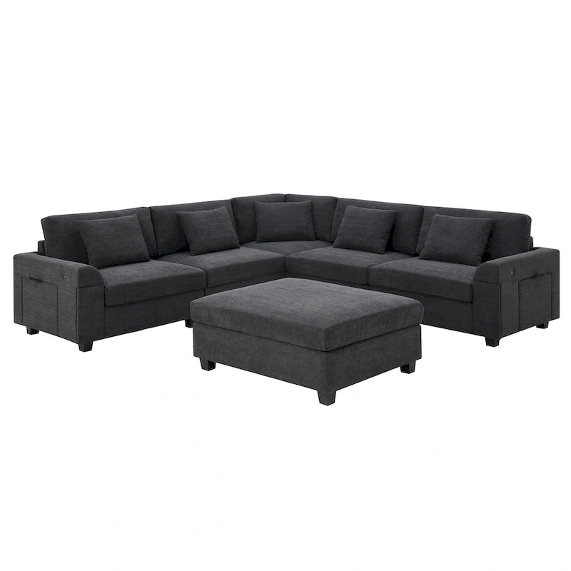 128 Chenille U-Shaped Sectional Sofa with Ottoman, 6-Seater Couch Set and Hidden Storage, USB Charging & Cup Holders
