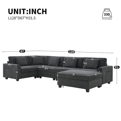 128 Chenille U-Shaped Sectional Sofa with Ottoman, 6-Seater Couch Set and Hidden Storage, USB Charging & Cup Holders