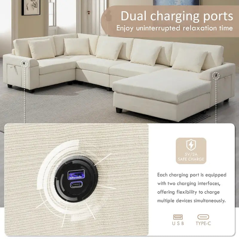 128 Chenille U-Shaped Sectional Sofa with Ottoman, 6-Seater Couch Set and Hidden Storage, USB Charging & Cup Holders