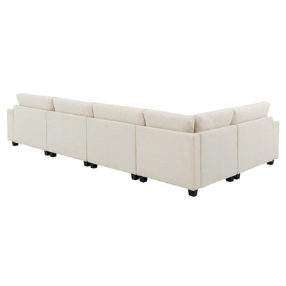 128 Chenille U-Shaped Sectional Sofa with Ottoman, 6-Seater Couch Set and Hidden Storage, USB Charging & Cup Holders