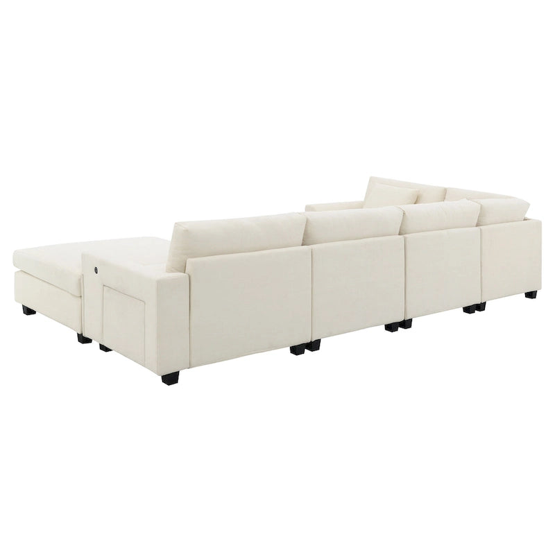 128 Chenille U-Shaped Sectional Sofa with Ottoman, 6-Seater Couch Set and Hidden Storage, USB Charging & Cup Holders