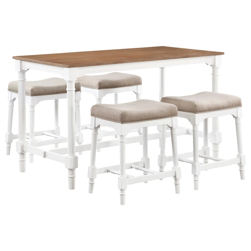 Hima 5 Piece Counter Height Table Set with 4 Stools, Beige Fabric, White