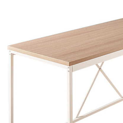 Posy Corner Desk, L Shaped White Metal Frame, X Crossed, Oak Brown Wood Top