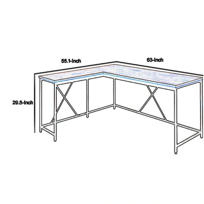 Posy Corner Desk, L Shaped White Metal Frame, X Crossed, Oak Brown Wood Top