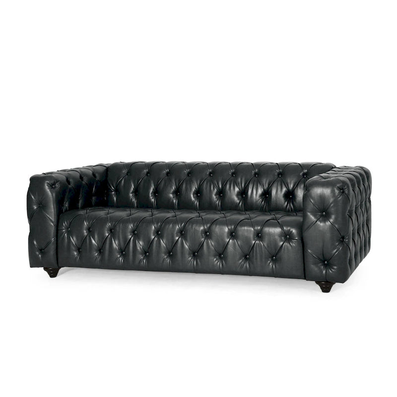 Arlo Sofa, Chesterfield Tufted Black Faux Leather Upholstery, Wood, 84 Inch