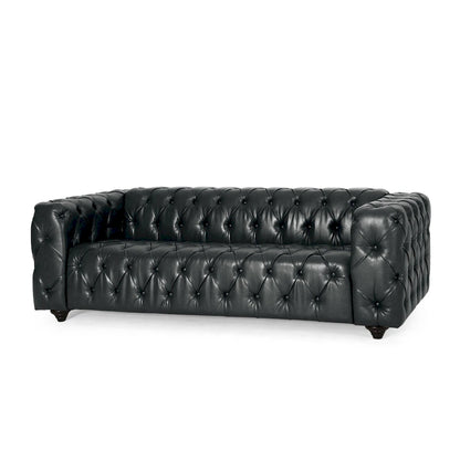 Arlo Sofa, Chesterfield Tufted Black Faux Leather Upholstery, Wood, 84 Inch