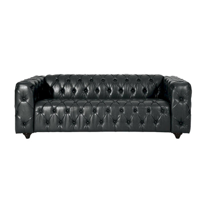 Arlo Sofa, Chesterfield Tufted Black Faux Leather Upholstery, Wood, 84 Inch