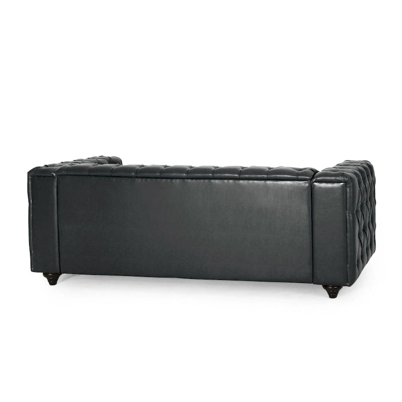 Arlo Sofa, Chesterfield Tufted Black Faux Leather Upholstery, Wood, 84 Inch