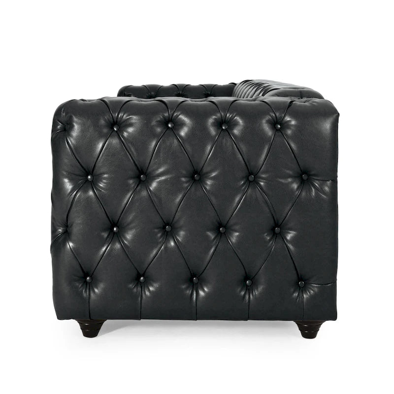 Arlo Sofa, Chesterfield Tufted Black Faux Leather Upholstery, Wood, 84 Inch