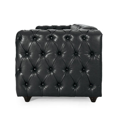 Arlo Sofa, Chesterfield Tufted Black Faux Leather Upholstery, Wood, 84 Inch
