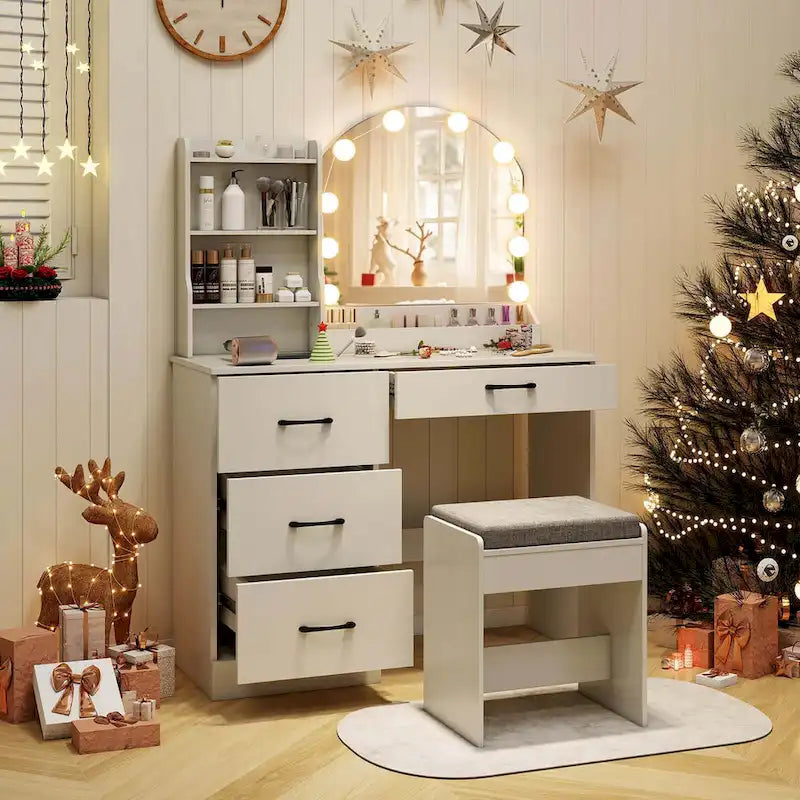 Costway Vanity Set with Mirror and Lights Dressing Table and Chair 4 - See Details