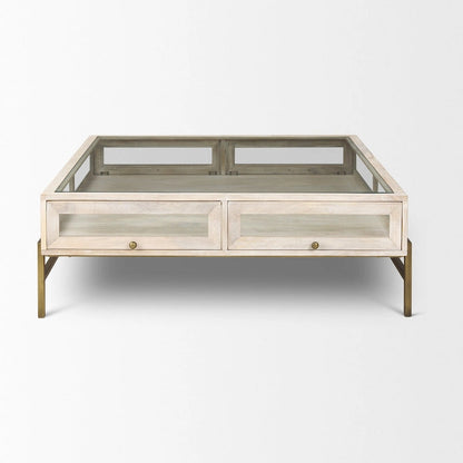 HomeRoots 44 Off White Clear And Gold Solid Wood Glass And Iron Storage Coffee Table - 43.5' X '15' X '43.5