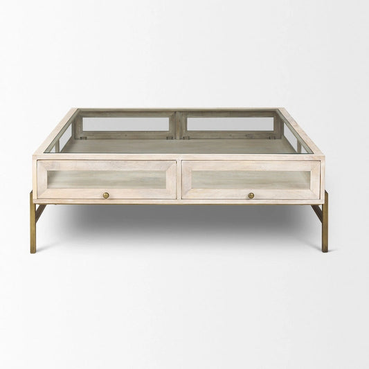 HomeRoots 44 Off White Clear And Gold Solid Wood Glass And Iron Storage Coffee Table - 43.5' X '15' X '43.5