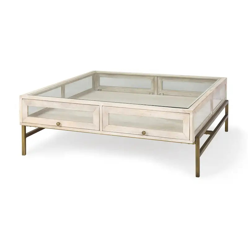 HomeRoots 44 Off White Clear And Gold Solid Wood Glass And Iron Storage Coffee Table - 43.5' X '15' X '43.5