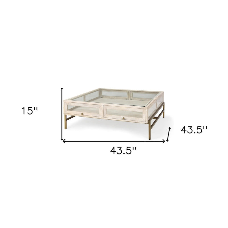 HomeRoots 44 Off White Clear And Gold Solid Wood Glass And Iron Storage Coffee Table - 43.5' X '15' X '43.5