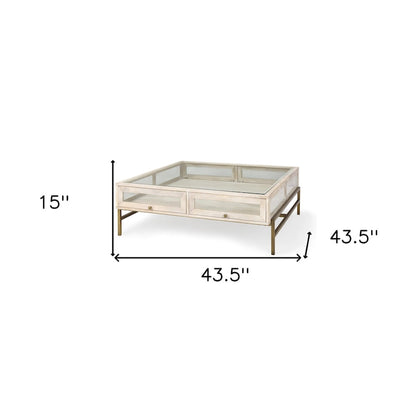 HomeRoots 44 Off White Clear And Gold Solid Wood Glass And Iron Storage Coffee Table - 43.5' X '15' X '43.5