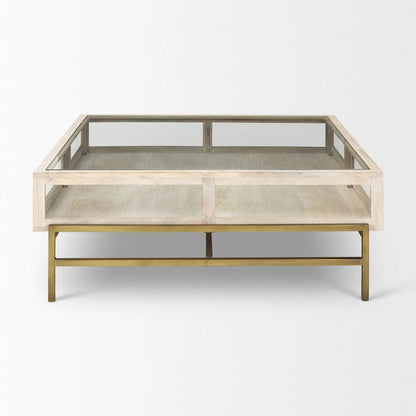 HomeRoots 44 Off White Clear And Gold Solid Wood Glass And Iron Storage Coffee Table - 43.5' X '15' X '43.5