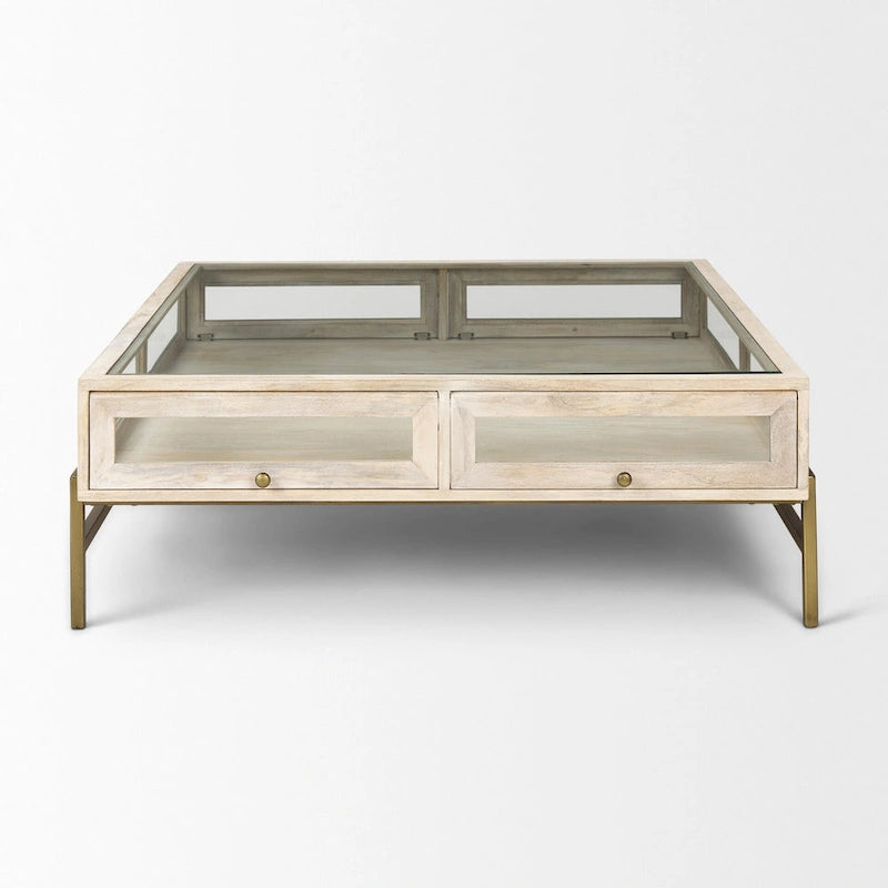 HomeRoots 44 Off White Clear And Gold Solid Wood Glass And Iron Storage Coffee Table - 43.5' X '15' X '43.5