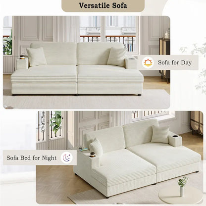 Roomfitters Oversized Loveseat Chaise Lounge Sectional Sofa Bed, Corduroy Sleeper with USB Ports, Cup Holders