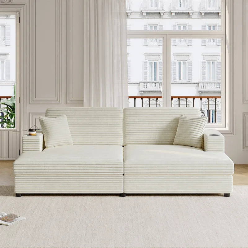 Roomfitters Oversized Loveseat Chaise Lounge Sectional Sofa Bed, Corduroy Sleeper with USB Ports, Cup Holders