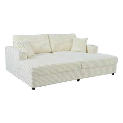 Roomfitters Oversized Loveseat Chaise Lounge Sectional Sofa Bed, Corduroy Sleeper with USB Ports, Cup Holders