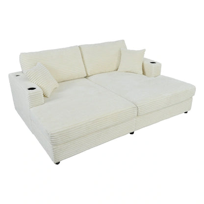 Roomfitters Oversized Loveseat Chaise Lounge Sectional Sofa Bed, Corduroy Sleeper with USB Ports, Cup Holders