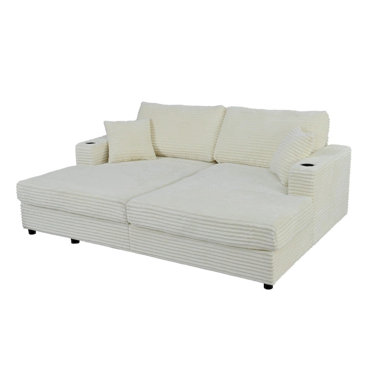 Roomfitters Oversized Loveseat Chaise Lounge Sectional Sofa Bed, Corduroy Sleeper with USB Ports, Cup Holders