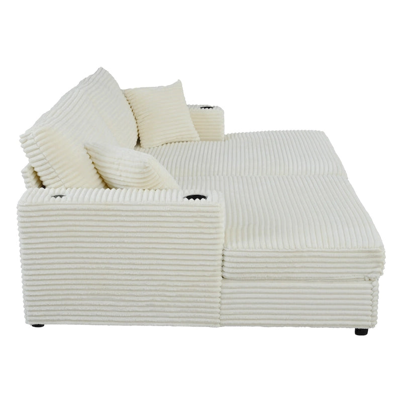 Roomfitters Oversized Loveseat Chaise Lounge Sectional Sofa Bed, Corduroy Sleeper with USB Ports, Cup Holders