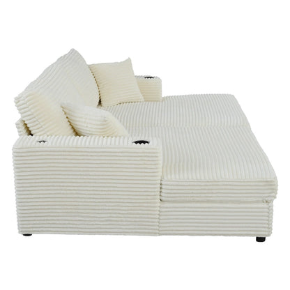 Roomfitters Oversized Loveseat Chaise Lounge Sectional Sofa Bed, Corduroy Sleeper with USB Ports, Cup Holders