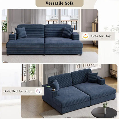 Roomfitters Oversized Loveseat Chaise Lounge Sectional Sofa Bed, Corduroy Sleeper with USB Ports, Cup Holders