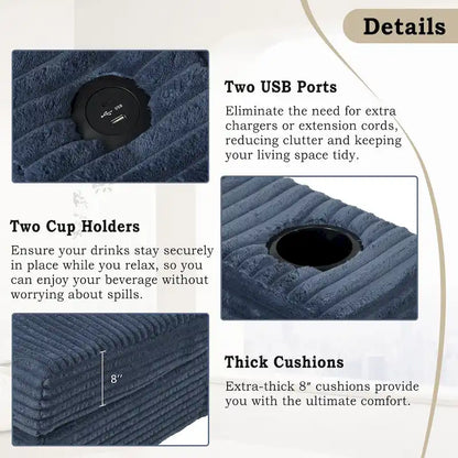 Roomfitters Oversized Loveseat Chaise Lounge Sectional Sofa Bed, Corduroy Sleeper with USB Ports, Cup Holders