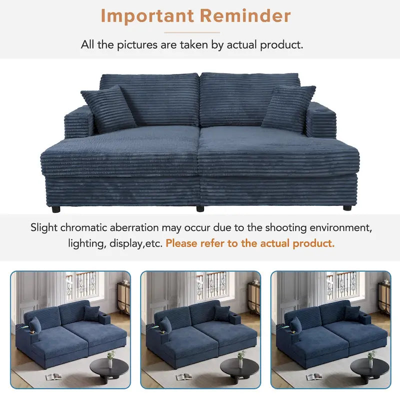 Roomfitters Oversized Loveseat Chaise Lounge Sectional Sofa Bed, Corduroy Sleeper with USB Ports, Cup Holders