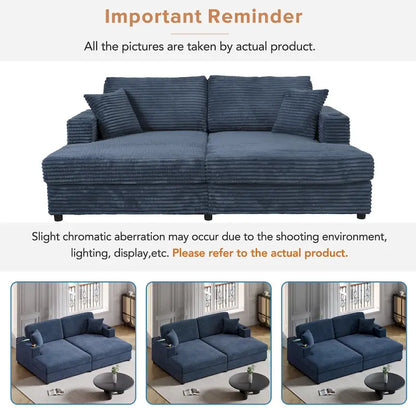 Roomfitters Oversized Loveseat Chaise Lounge Sectional Sofa Bed, Corduroy Sleeper with USB Ports, Cup Holders