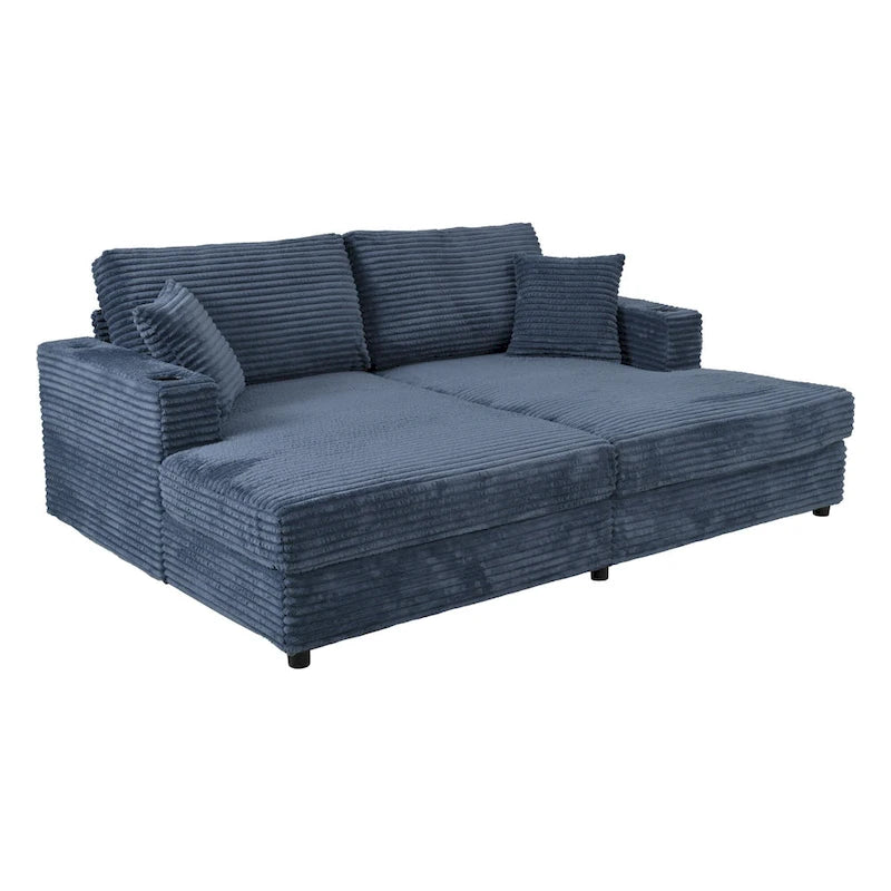 Roomfitters Oversized Loveseat Chaise Lounge Sectional Sofa Bed, Corduroy Sleeper with USB Ports, Cup Holders