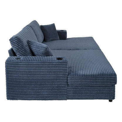 Roomfitters Oversized Loveseat Chaise Lounge Sectional Sofa Bed, Corduroy Sleeper with USB Ports, Cup Holders