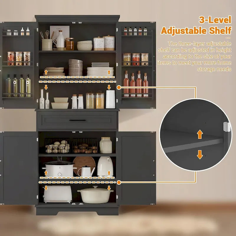 72in Kitchen Storage Pantry Cabinet for Dining Room,Adjustable Shelves