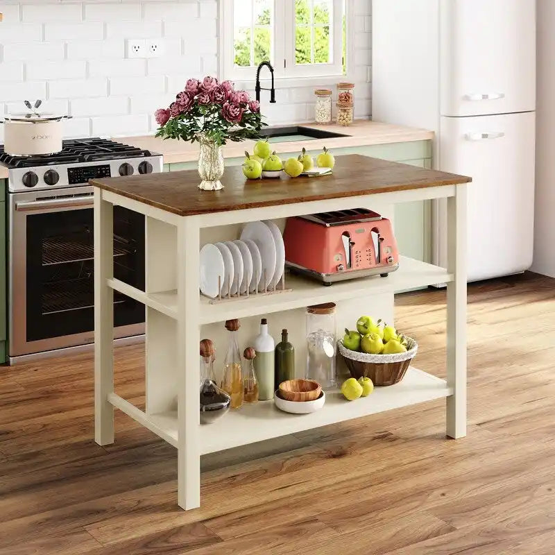 Solid Wood Rustic 45-Inch Fixed Kitchen Island, Rubberwood Butcher Block Dining & Prep Table With Two Open Shelves .