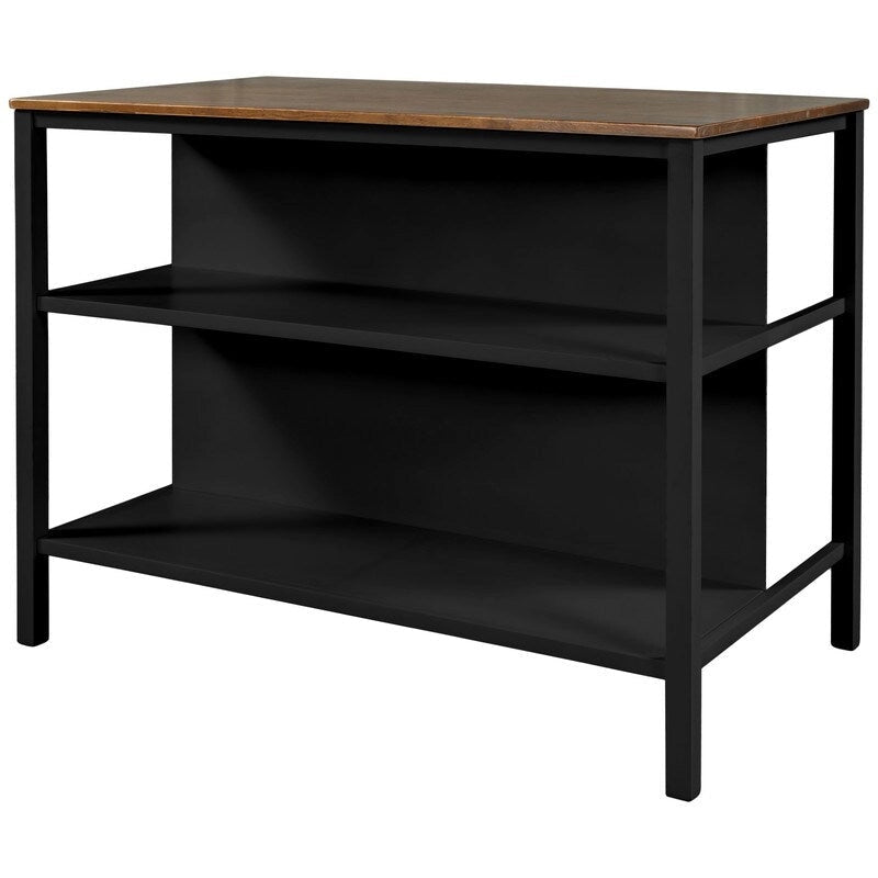 Solid Wood Rustic 45-Inch Fixed Kitchen Island, Rubberwood Butcher Block Dining & Prep Table With Two Open Shelves .