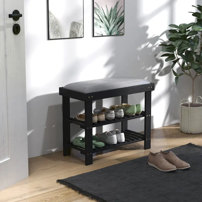 HOMCOM Bamboo Shoe Bench, 3-Tier Entryway Bench with Storage and Cushion, Shoe Organizer for Entryway, Hallway