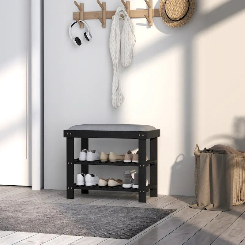 HOMCOM Bamboo Shoe Bench, 3-Tier Entryway Bench with Storage and Cushion, Shoe Organizer for Entryway, Hallway