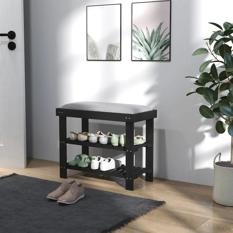 HOMCOM Bamboo Shoe Bench, 3-Tier Entryway Bench with Storage and Cushion, Shoe Organizer for Entryway, Hallway
