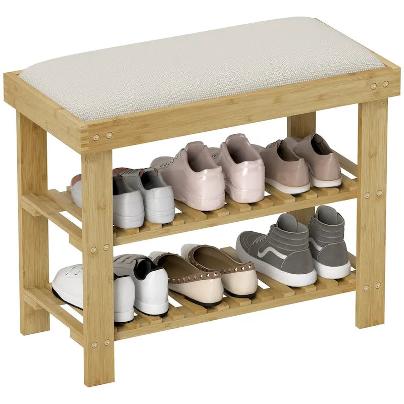 HOMCOM Bamboo Shoe Bench, 3-Tier Entryway Bench with Storage and Cushion, Shoe Organizer for Entryway, Hallway