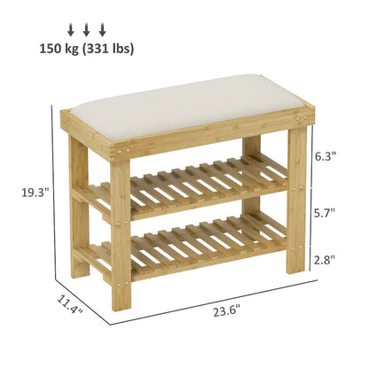 HOMCOM Bamboo Shoe Bench, 3-Tier Entryway Bench with Storage and Cushion, Shoe Organizer for Entryway, Hallway