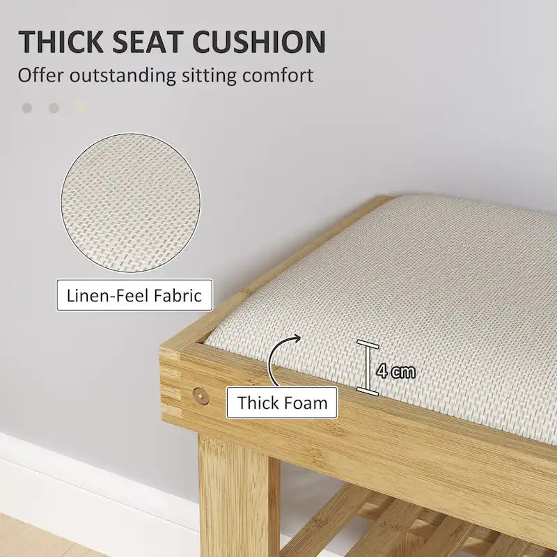 HOMCOM Bamboo Shoe Bench, 3-Tier Entryway Bench with Storage and Cushion, Shoe Organizer for Entryway, Hallway